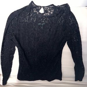 Lauren Classic ladies full black rose lace blouse, long sleeve, size Small